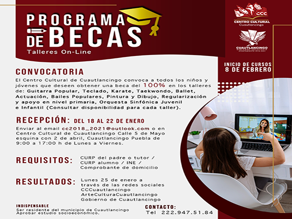 Ayuntamiento de Cuautlancingo convoca al programa de becas al 100% para talles culturales en línea