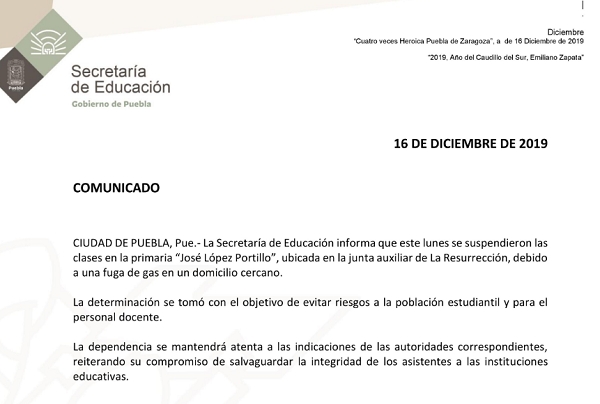 Suspenden clases en primaria de La Resurrección por fuga de gas en vivienda