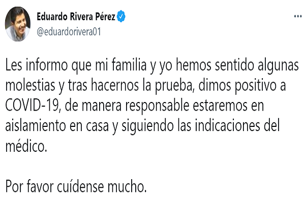 Eduardo Rivera Pérez y su familia dan positivo a COVID-19