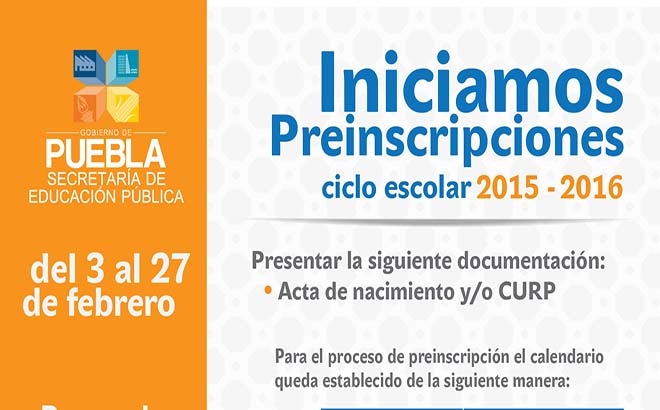 Puebla: Proceso de Preinscripción Escolar, del 3 al 27 de febrero