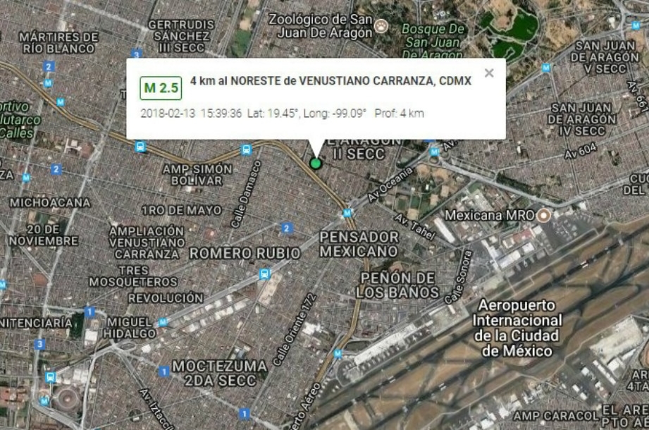 Registran sismo de 2.5 grados en la delegación de Venustiano Carranza