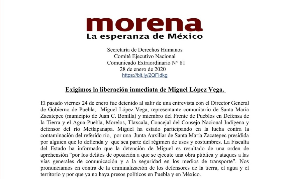 Morena exige liberación del activista Miguel López en Puebla