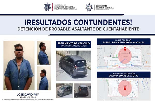 Policías de San Pedro Cholula y Puebla detienen a asaltante de cuentahabiente