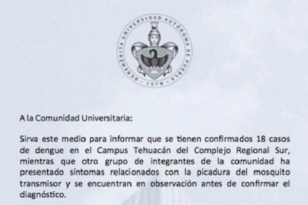 BUAP confirmó 18 casos de dengue en el campus Tehuacán