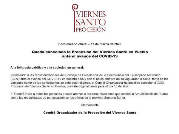 Se suspende la Procesión de Viernes Santo en Puebla: Arzobispo