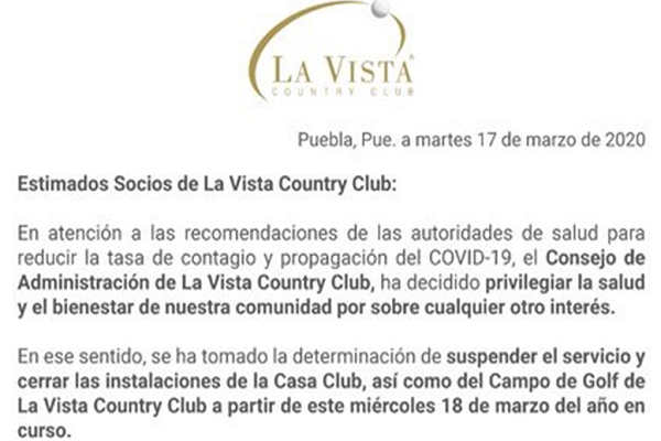 La Vista Country Club suspende actividades para prevenir contagio de COVID-19