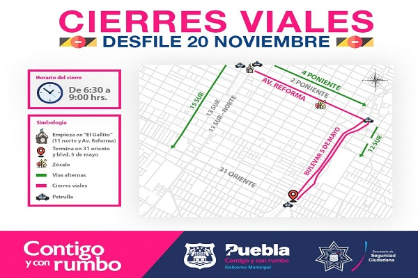 Cierres y vías alternas en Puebla por el desfile de la Revolución Mexicana