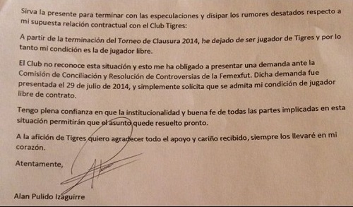 Alan Pulido se despidió de Tigres por medio de carta