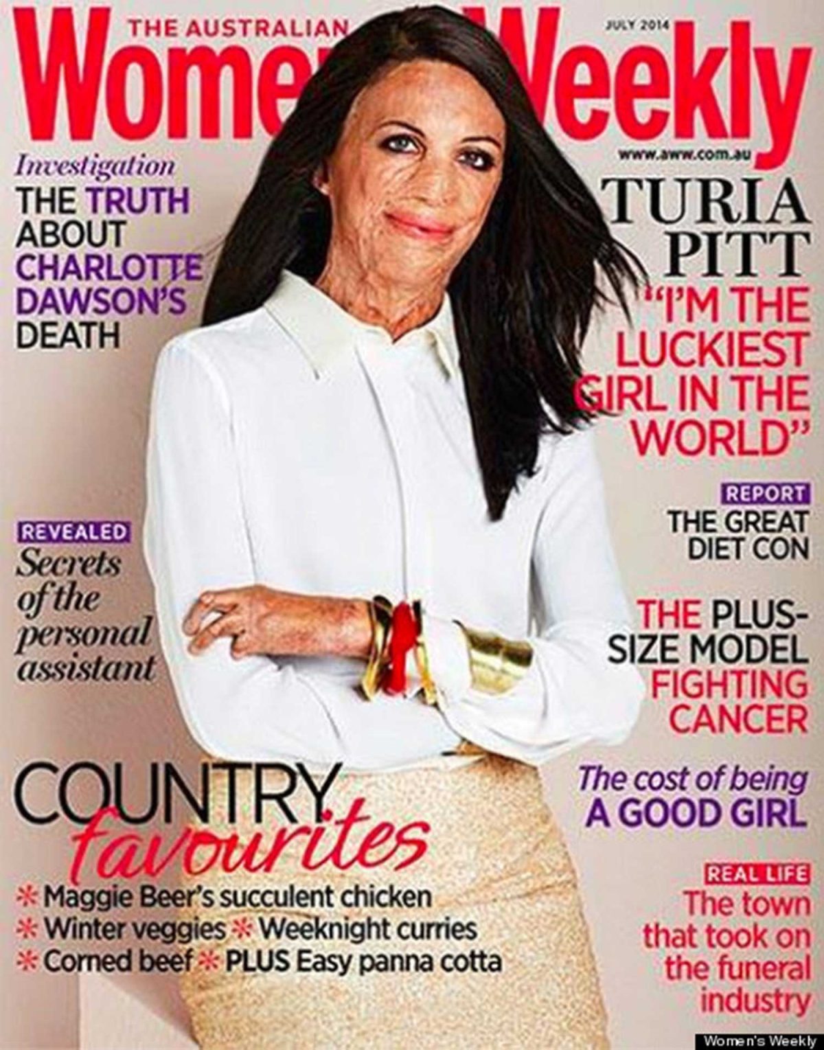 Modelo sobreviviente a incendio, portada de revista australiana