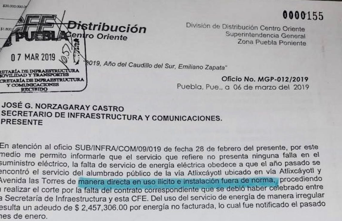 Atlixcáyotl estaba alumbrada con ‘diablitos’; la deuda es de 2.8 mdp: CFE