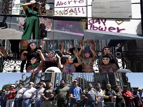 Feministas pro aborto vandalizan Congreso y se desnudan frente a Catedral de Puebla