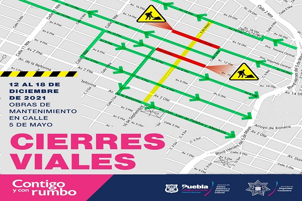 Cierres viales por trabajos en el Corredor 5 de Mayo, del 21 de noviembre al 18 de diciembre