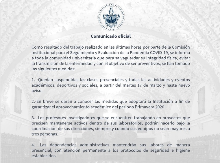 La BUAP suspende clases a partir del 17 marzo por coronavirus