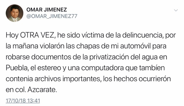 Síndico suplente de Claudia Rivera fue víctima de la delincuencia en Puebla