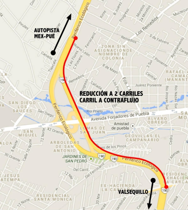 Reducen carriles en Anillo Periférico de Puebla por obras