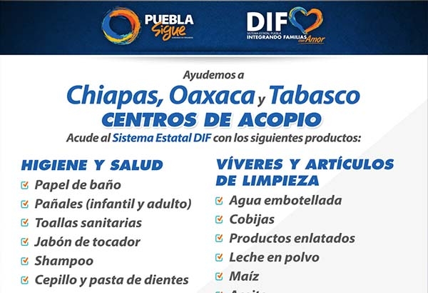 SEDIF Puebla abre centros de acopio para apoyar a damnificados por sismo