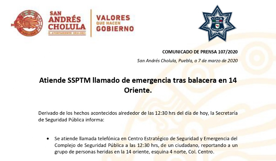 Tres heridos por balacera en bar de San Andrés Cholula