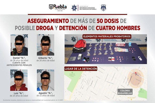 Cayeron cuatro narcomenudistas con más de 50 dosis de droga en Bugambilias