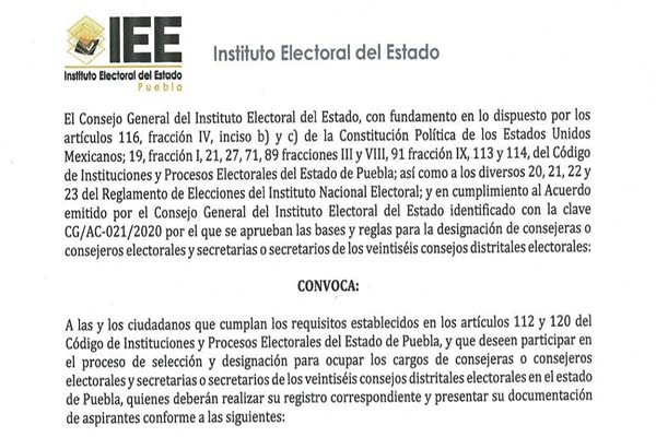 IEE publica convocatoria para elección de consejeros distritales
