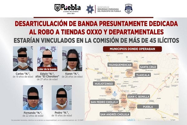 SSC Puebla detuvo a asaltantes relacionados con 45 robos a Oxxo y tiendas departamentales