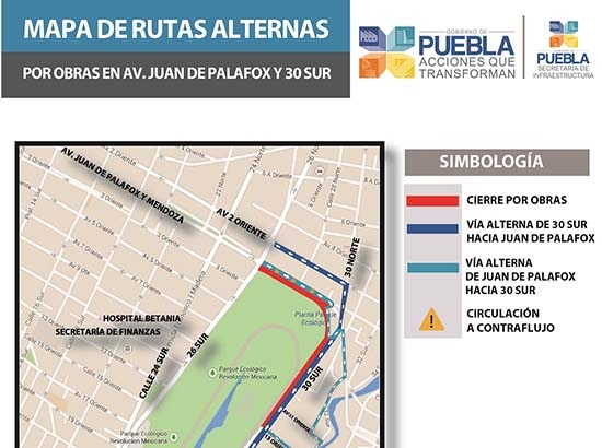 Rutas alternas por trabajos de relaminación en Juan de Palafox y 30 Sur