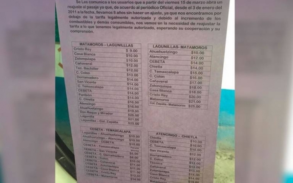 Sin autorización, aumentan tarifa de transporte en el sur de Puebla