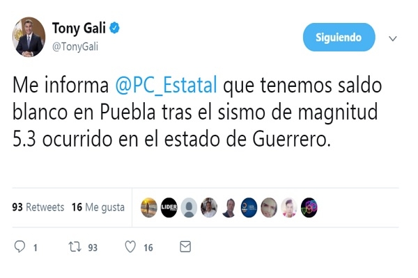 Saldo blanco en Puebla tras sismo de 5.3 grados en Guerrero