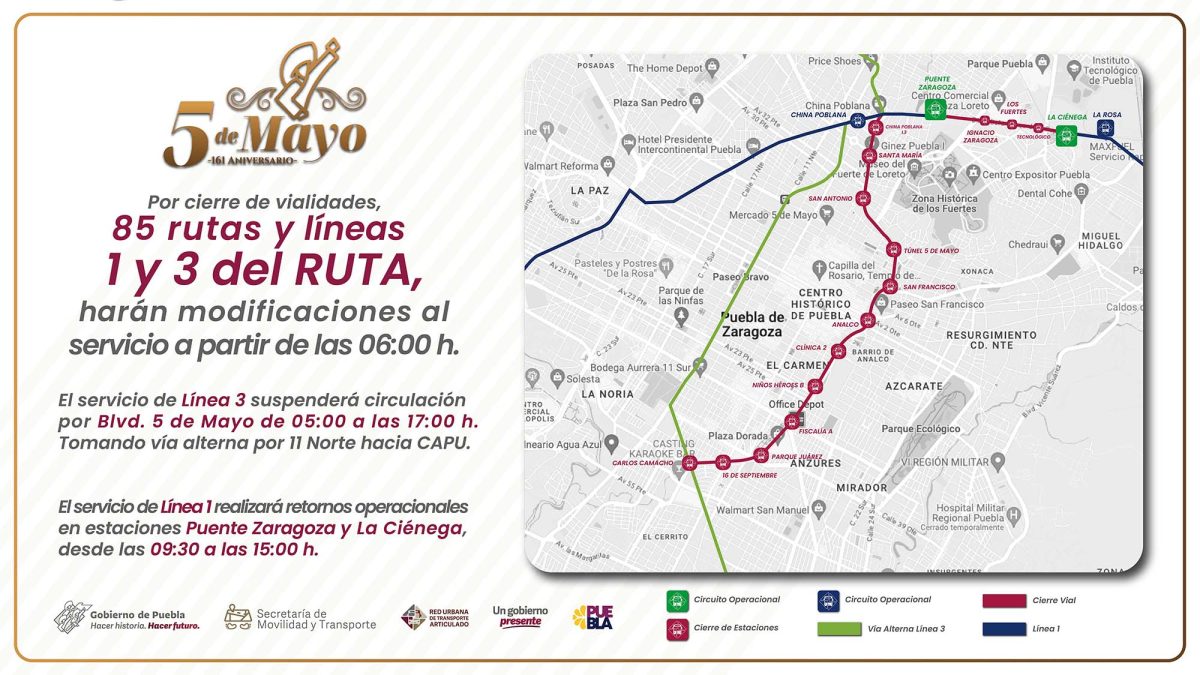 Por desfile del 5 de Mayo, transporte público y RUTA modifican recorridos