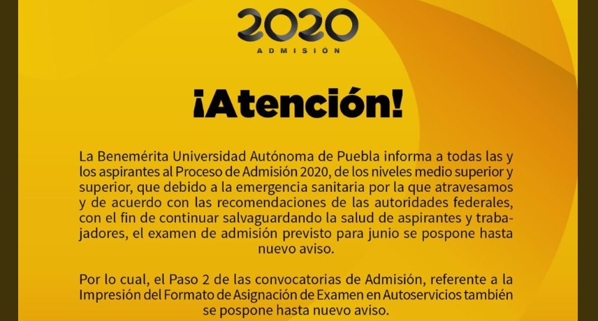 BUAP pospone examen de admisión 2020 programado para junio