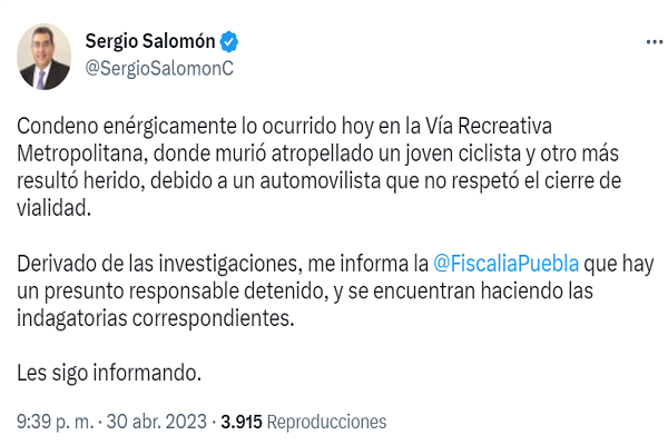 Detenido el sujeto que mató a ciclista en la Recta a Cholula; dan de alta a lesionada
