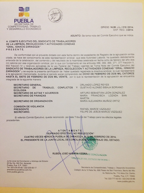 Desde febrero recibió toma de nota nuevo sindicato del ayuntamiento de Puebla