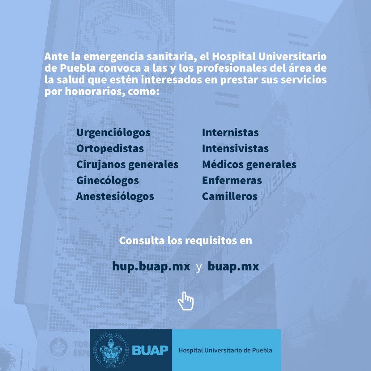 BUAP busca médicos, enfermeras y camilleros para contratos por 8 meses