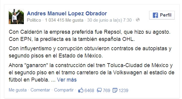 AMLO acusa a Facebook de borrarle un mensaje contra Peña y OHL