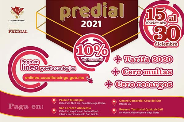 Ayuntamiento de Cuautlancingo anuncia 10% de descuento en pago anticipado de predial y limpia