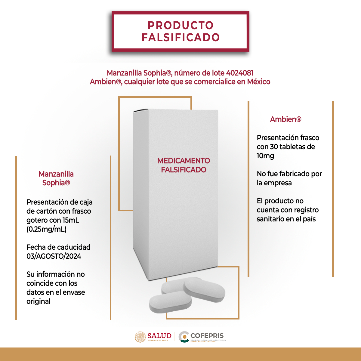 Alertan sobre falsificación de Manzanilla Sophia y Ambien