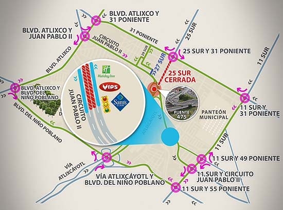 Cierran avenida 25 Sur, de 31 Poniente a Circuito Juan Pablo II, por obras del Nodo Vial Atlixcáyotl