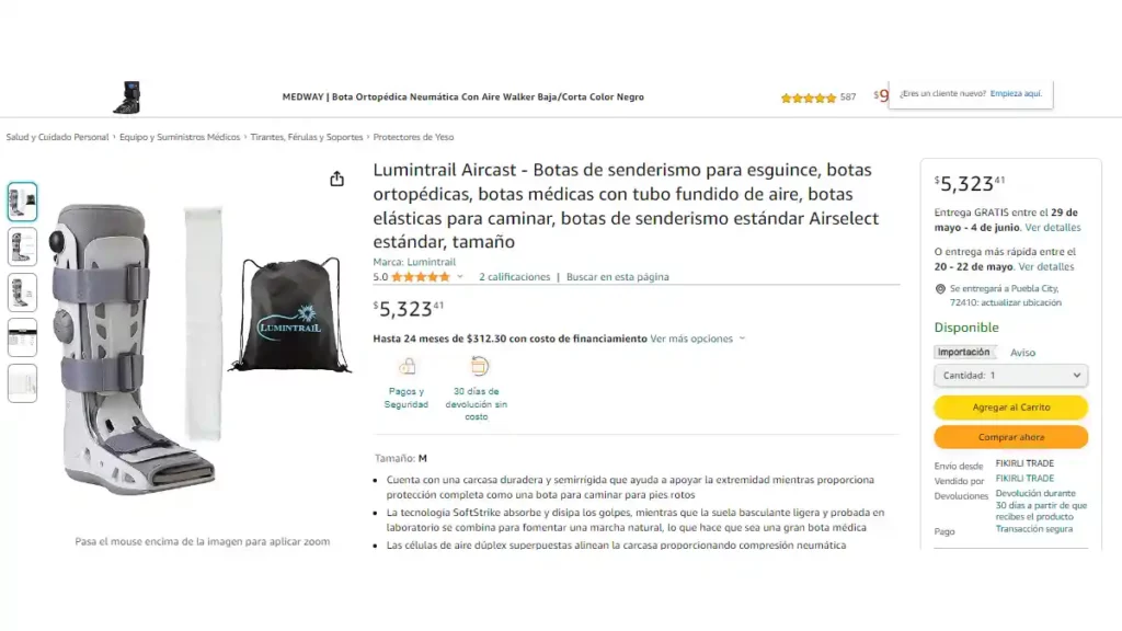 Dispositivo ortopédico Aircast de color gris con blanco en Amazon.