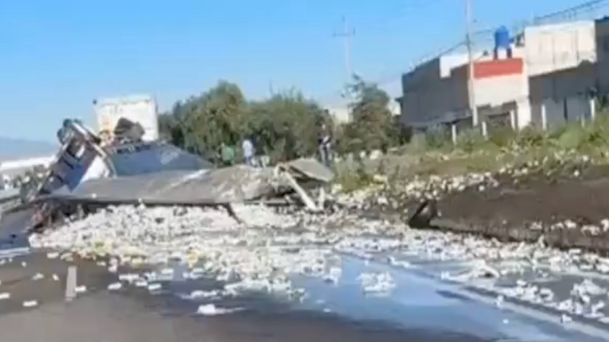 Volcó tráiler con cervezas en autopista México-Puebla; rapiña no se hizo esperar