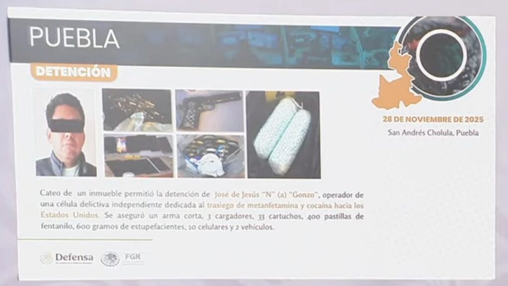 Harfuch destaca detención en Cholula de traficante de drogas hacia EU